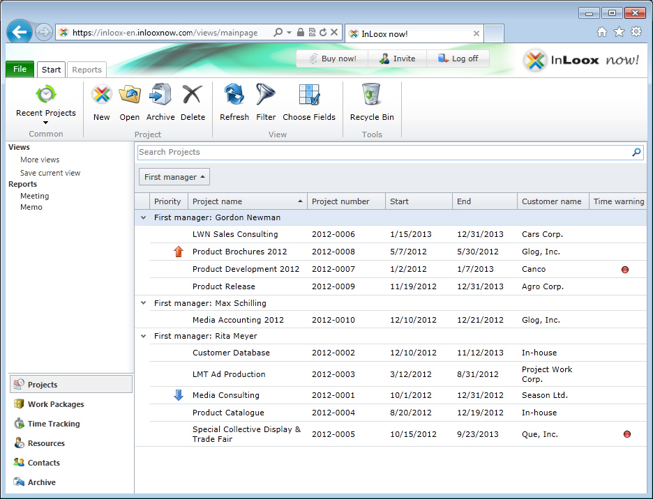 <b>Project list</b> – all running and finished projects in InLoox Web App at a glance.