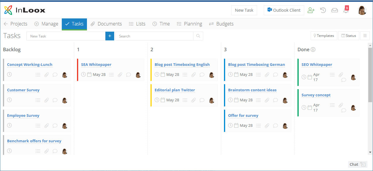 The 1-2-3 method illustrated with the InLoox Kanban board
