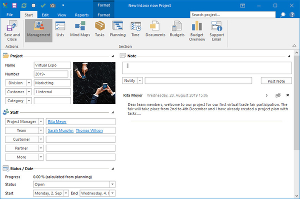 Project for the organization of the virtual expo stand in InLoox for Outlook