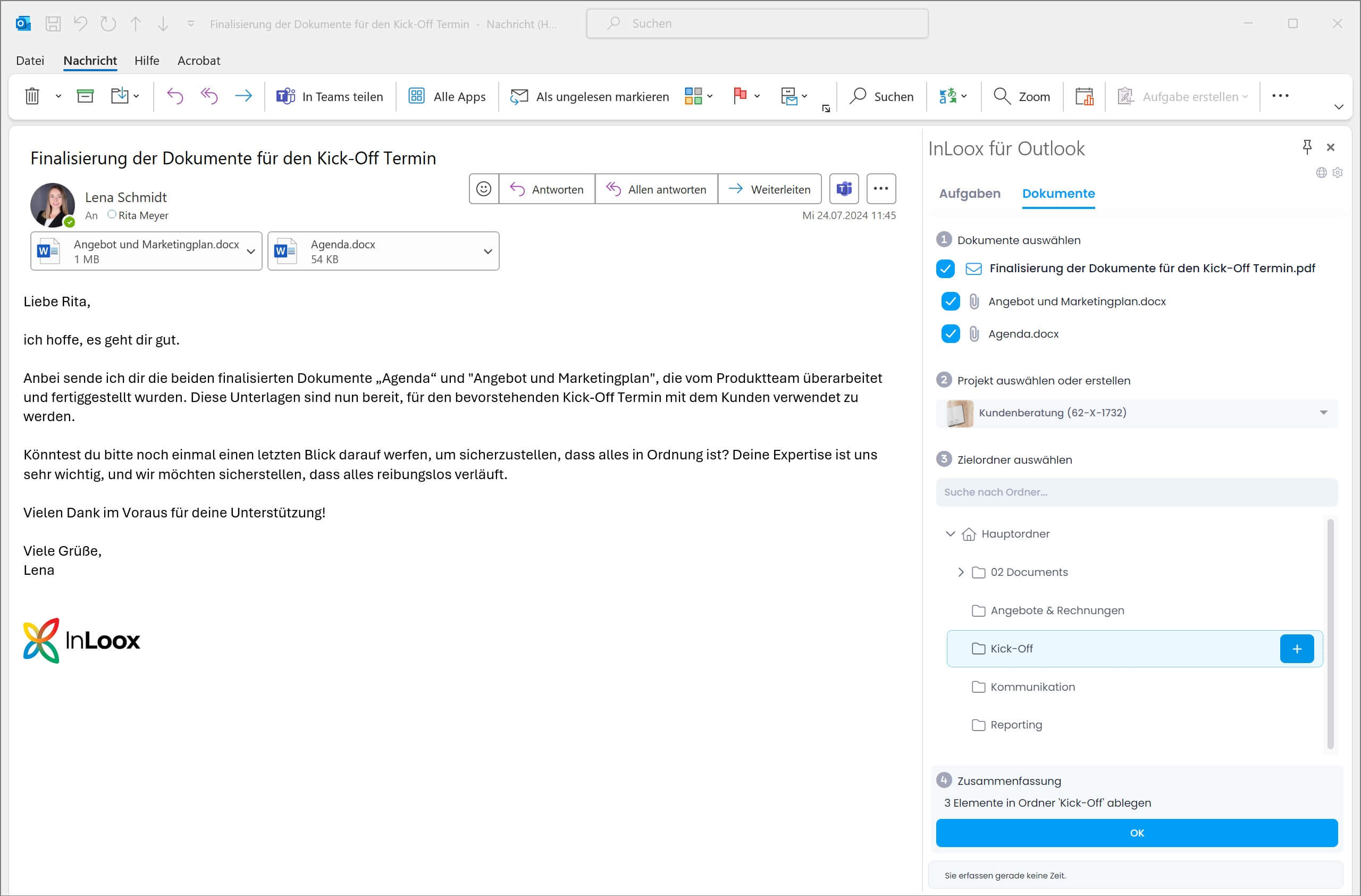 Dokumentenmanagement in Outlook mit InLoox für Outlook modern Add-in