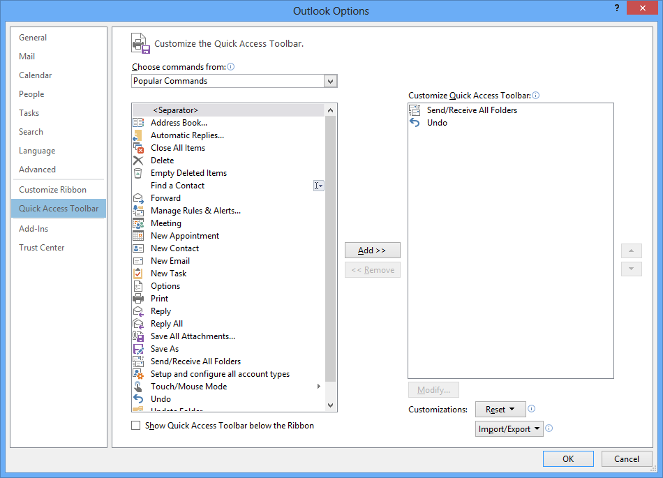 Quick Access toolbar in Outlook