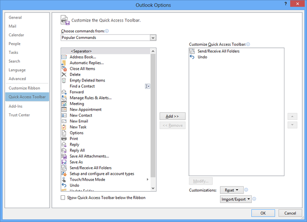 Quick Access toolbar in Outlook