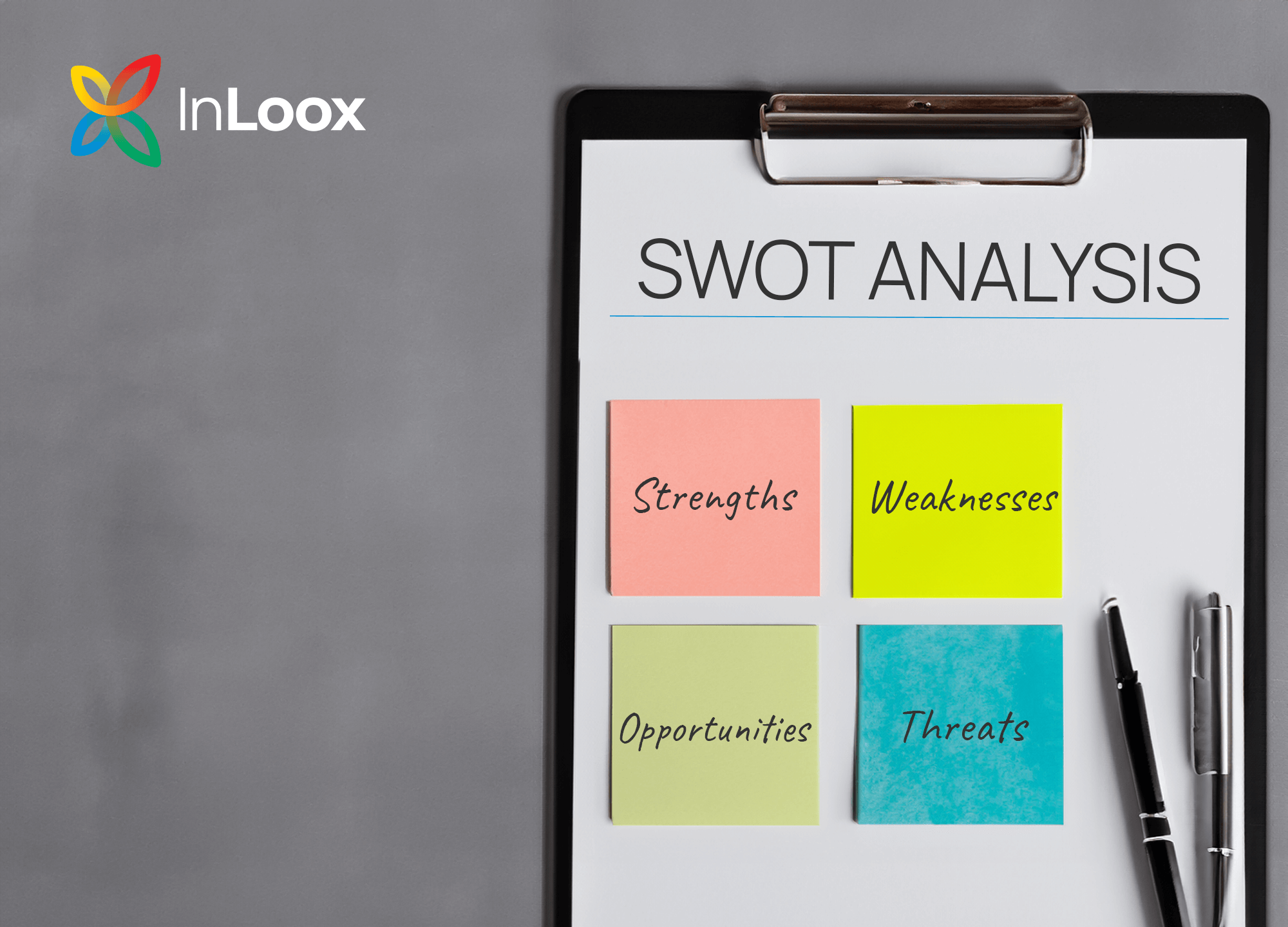 The SWOT analysis evaluates strengths, weaknesses, opportunities and threats in the company or project