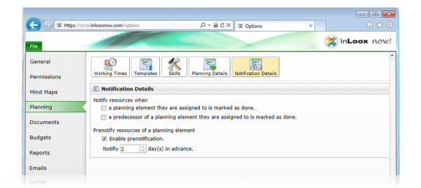 InLoox now! e-mail prenotification