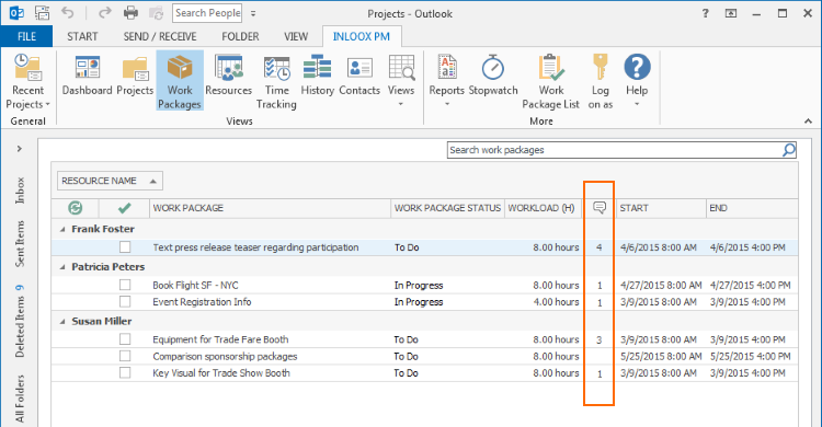 InLoox PM 8.2.3 Work Package List with Comment Notifications