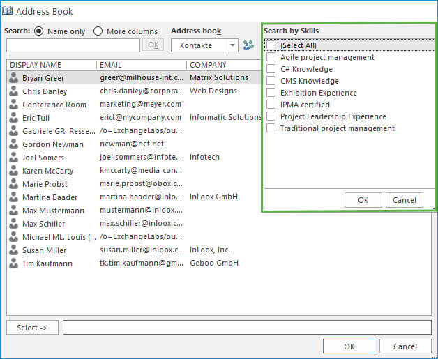 When assembling the project team in InLoox, you can quickly search the address book for people with relevant skills. 