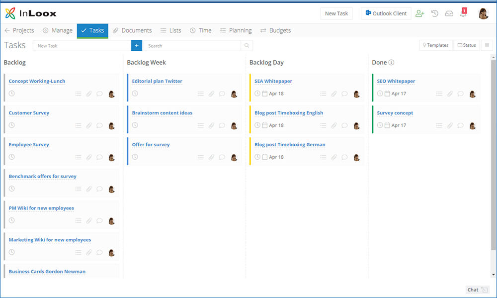 Organization of the backlog project is done via the Kanban Board (here InLoox Web App)