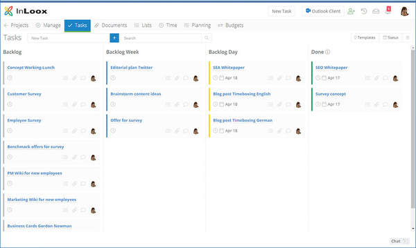 Organization of the backlog project is done via the Kanban Board (here InLoox Web App)