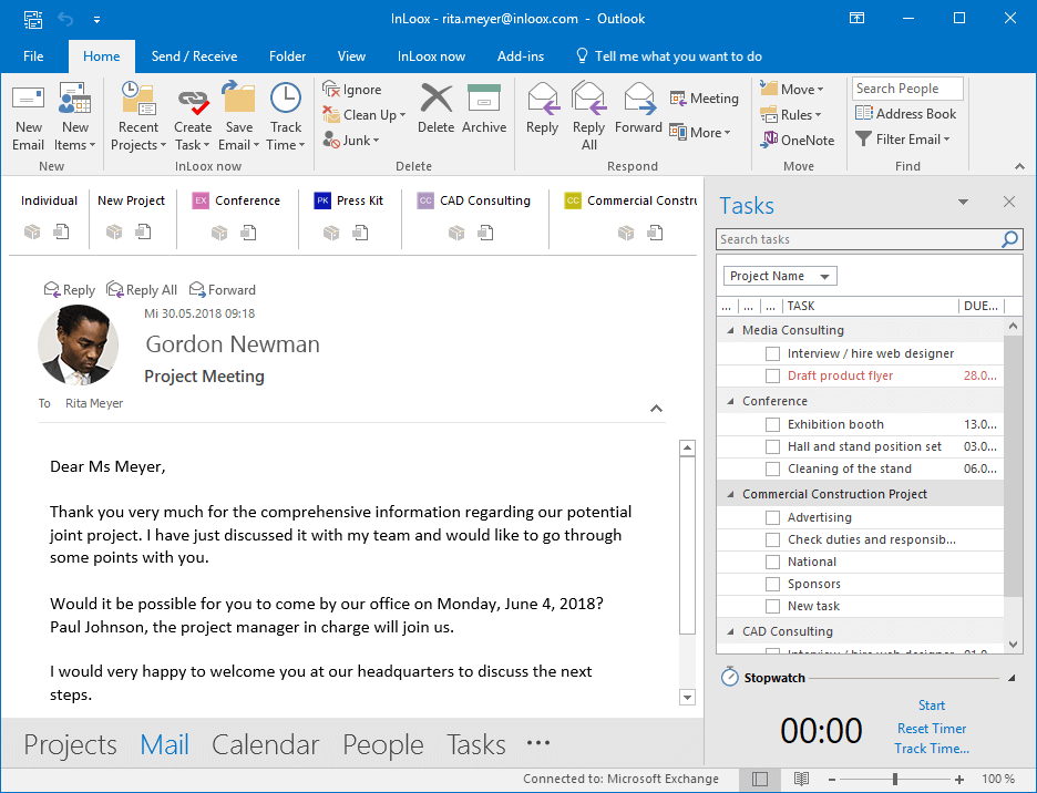 InLoox 10 for Outlook: InLoox seamlessly integrates into the Microsoft Outlook environment