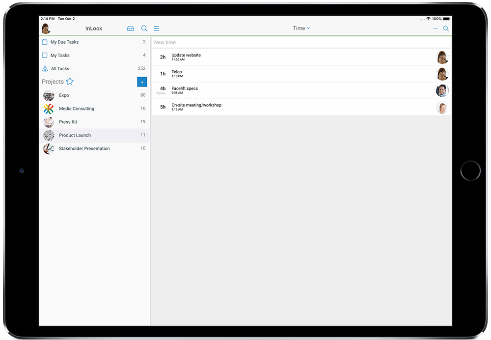 InLoox Mobile App for iOS and Android: Track your time from anywhere and assigne the tracked time to project tasks directly