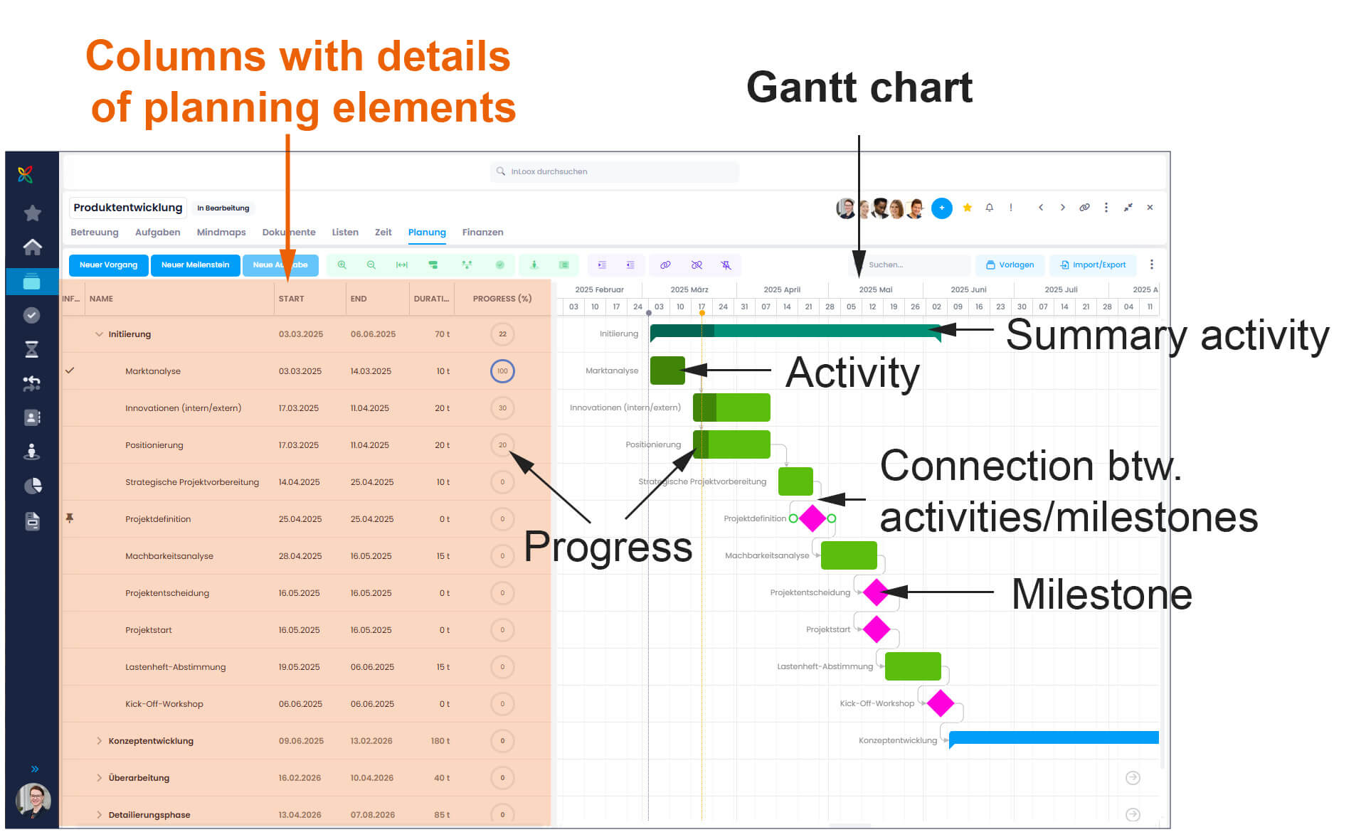 Gantt chart in detail: summary activities, activities, milestones, buffer, end and start dates, dependencies