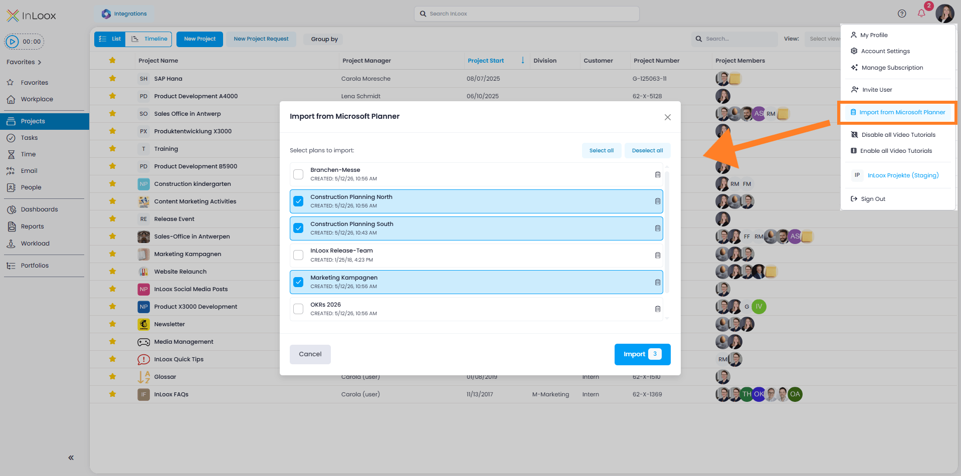 Import Microsoft Planner plans and tasks into the professional multi-project platform of InLoox. © InLoox, Inc.