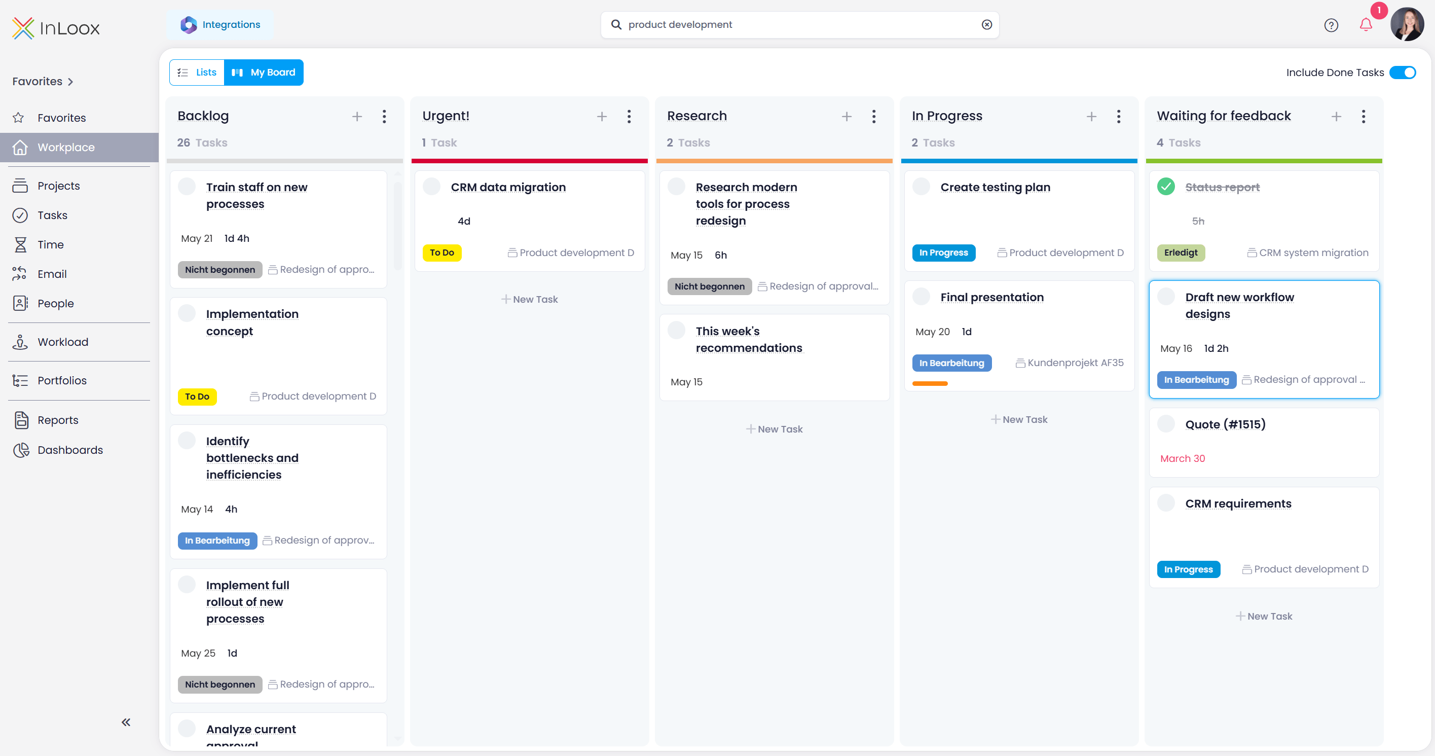 My Board for personal task prioritization of project tasks in InLoox Workplace. © InLoox, Inc.