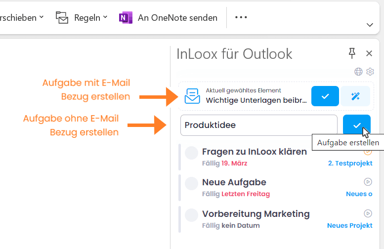 Aufgaben mit und ohne E-Mail Bezug im InLoox für Outlook Add-in erstellen