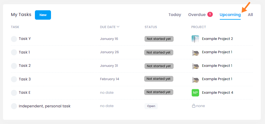 My Tasks - Filtered by upcoming tasks