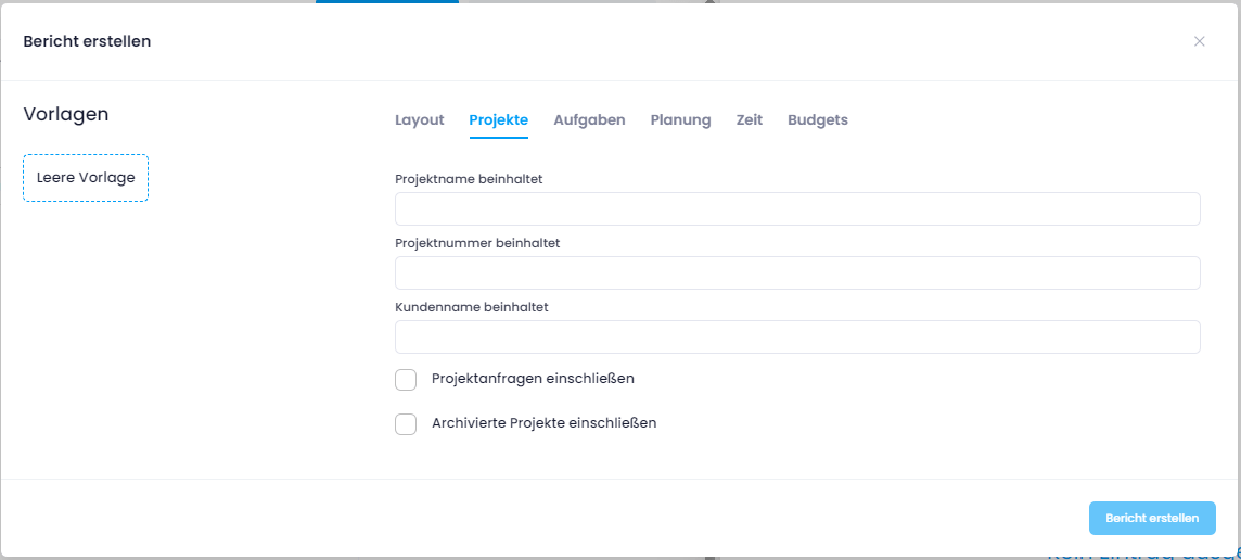 Bericht erstellen - Projektname eintragen