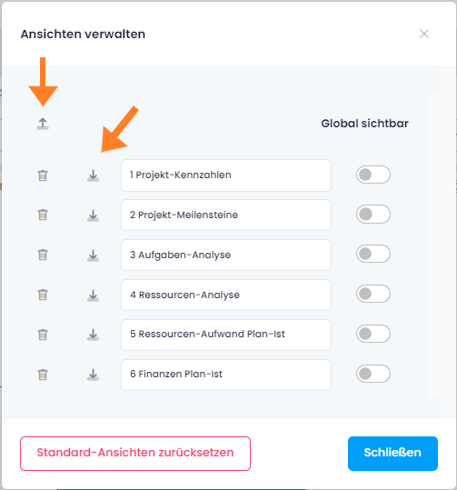 Dashboard-Ansichten importieren und exportieren