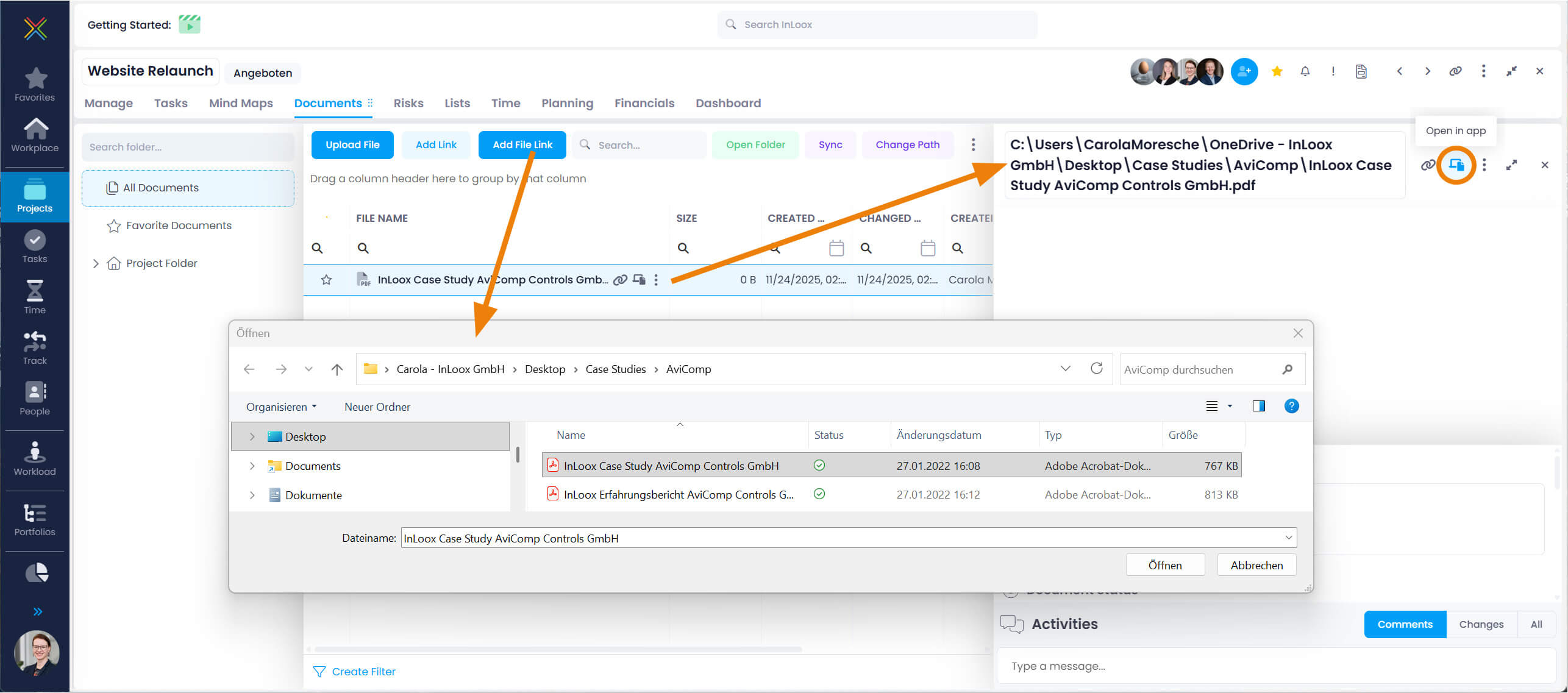 Add a file link as a project document in InLoox Web App