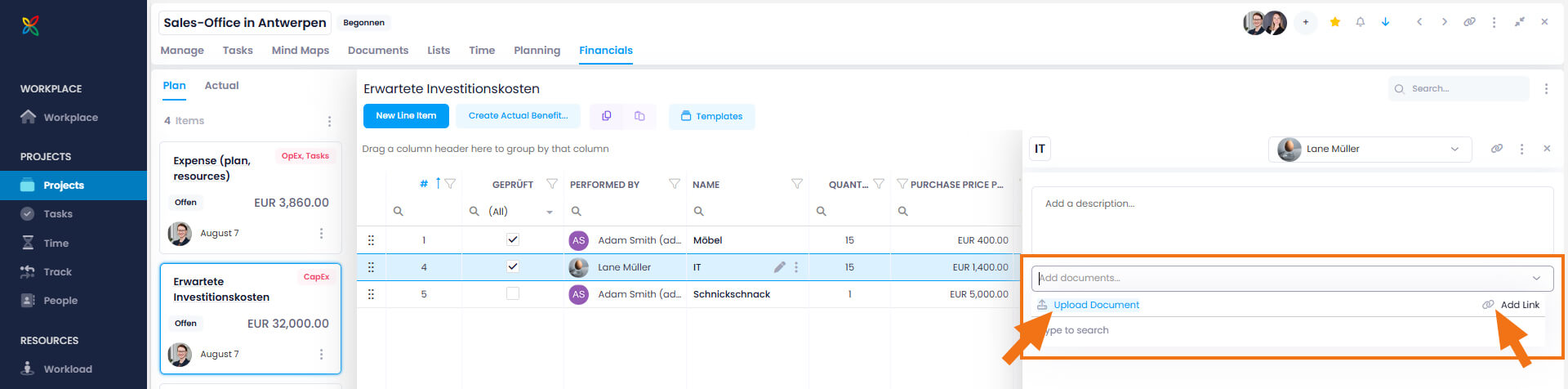 InLoox Financials - add a document to budget line items