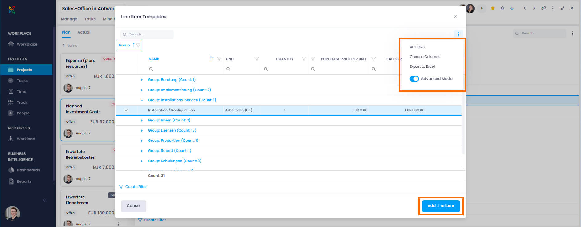 InLoox Financials - Add line item templates to financial plan