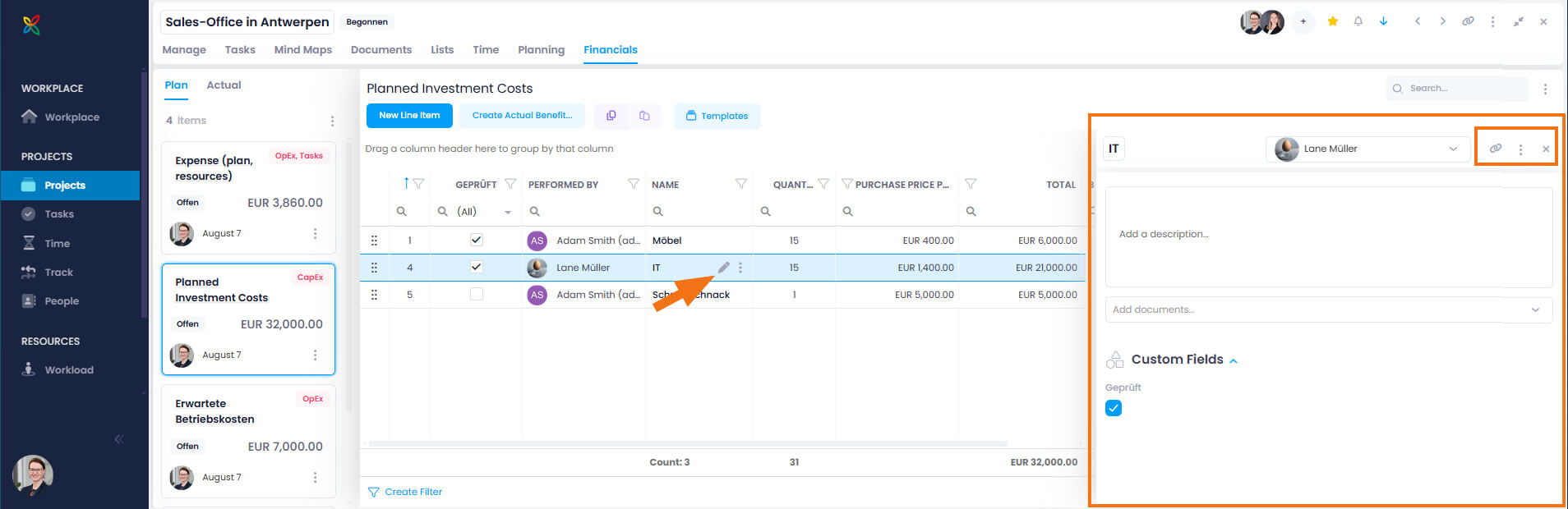InLoox Financials - Edit budet line items in the side panel