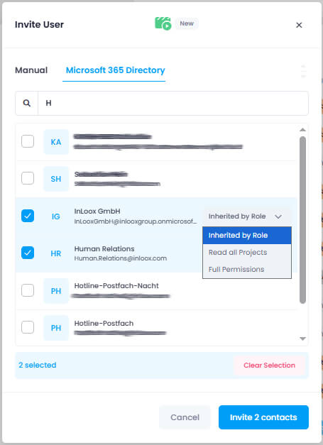 Select M365 directory profiles to invite to InLoox