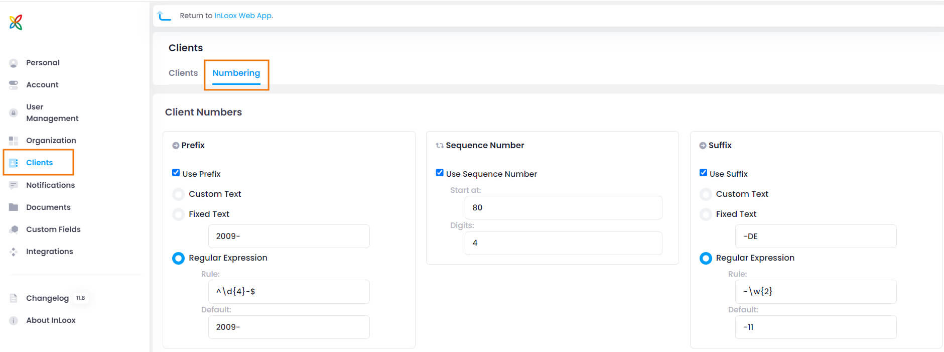 InLoox Client Setting - Numbering