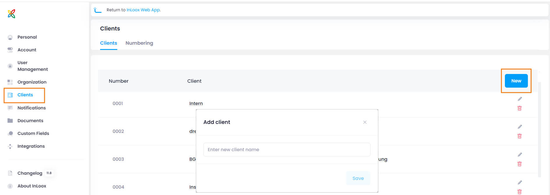 InLoox Client Settings - Create new Client