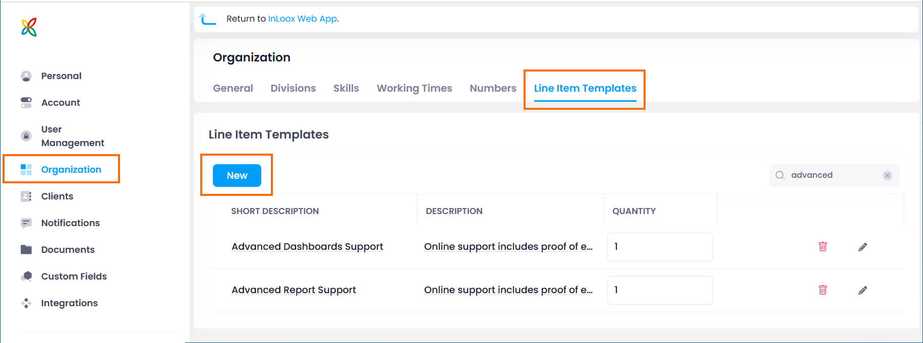 InLoox settings - create and edit line item templates for financials