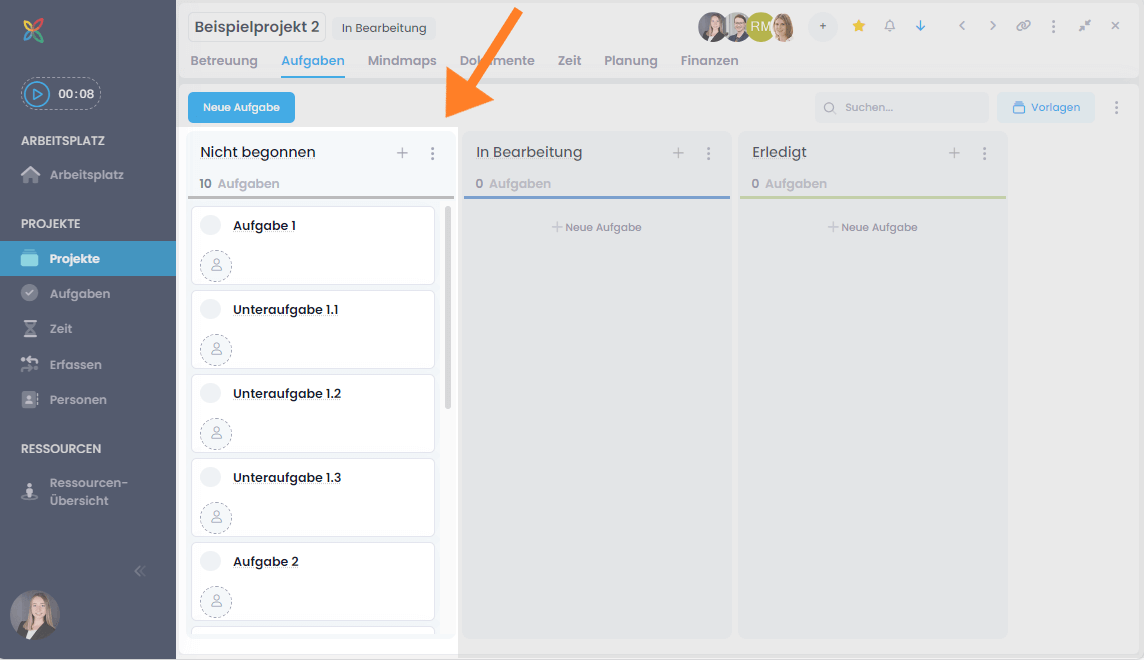 Aufgaben aus Mindmap im Kanban Board