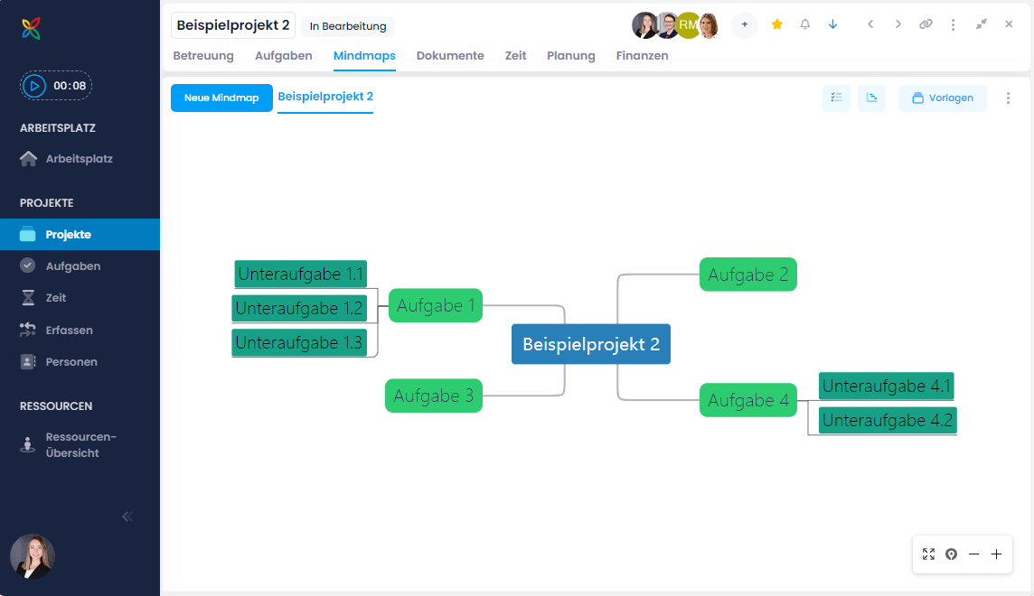 Beispielhafte InLoox Mindmap mit Aufgaben als Knoten