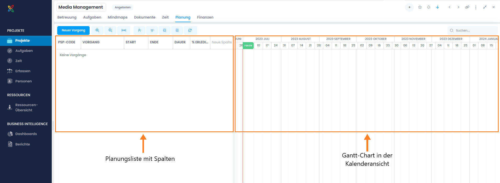 Projektplanung in InLoox Web App: Planungsliste & Gantt-Chart in der Kalenderansicht
