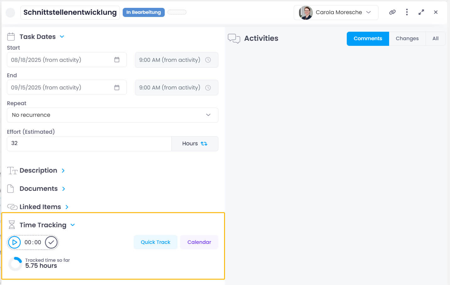 Create time entry in the project task
