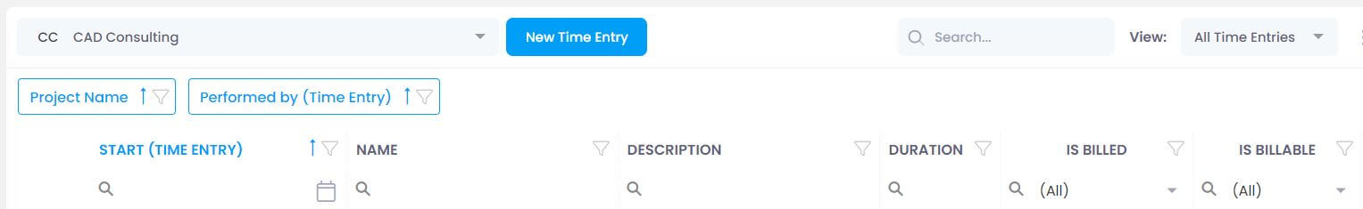 Grouping time entries by project name and executing person