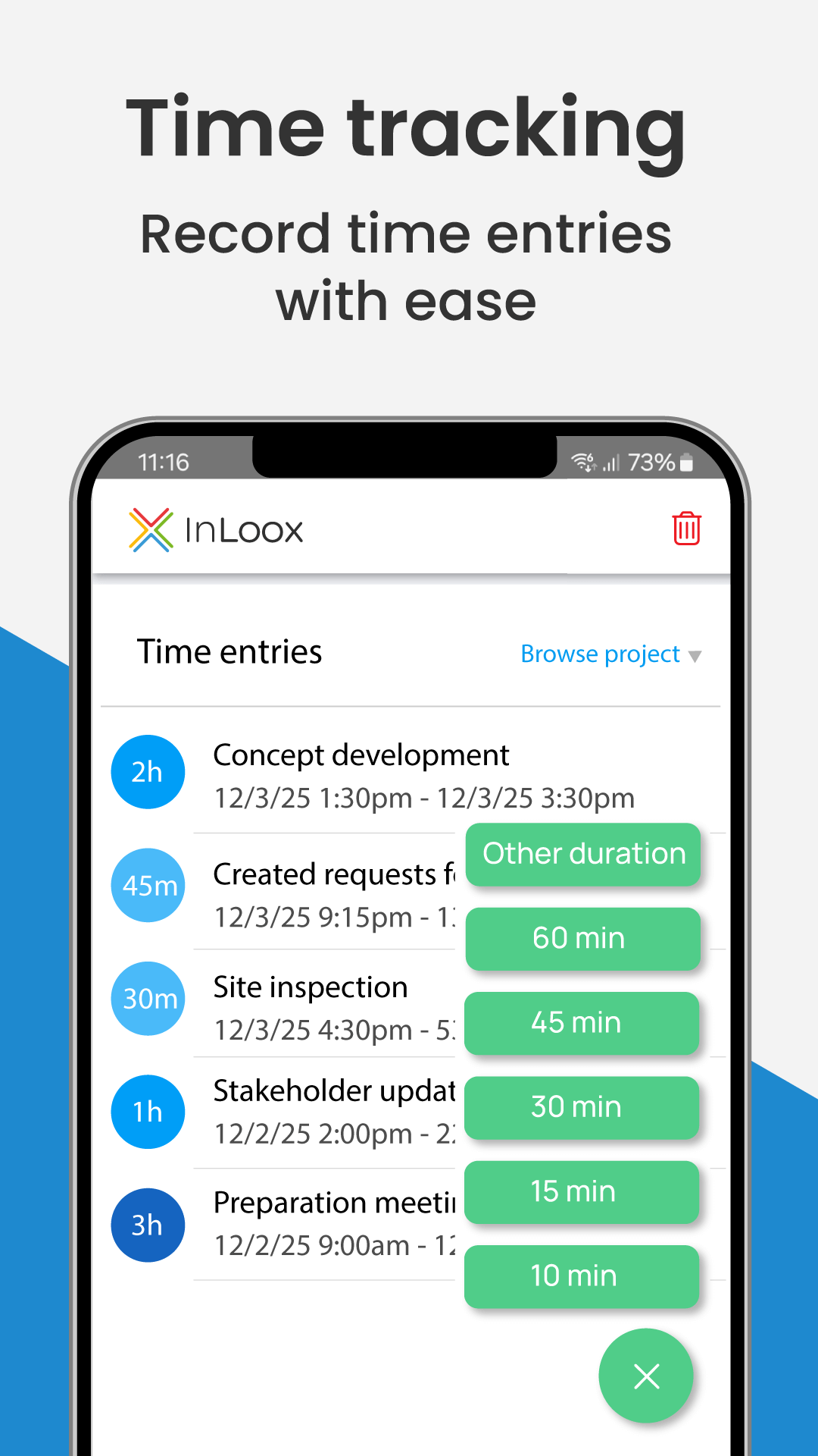 InLoox Mobile App - Create time entries