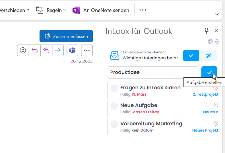 Aufgaben mit und ohne E-Mail Bezug im InLoox für Outlook Seitenpanel erstellen