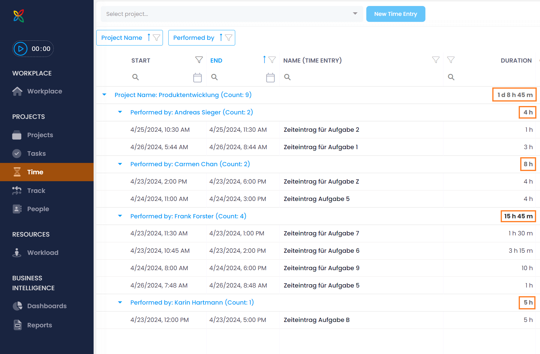 Sum function in groupings - Example time tracking