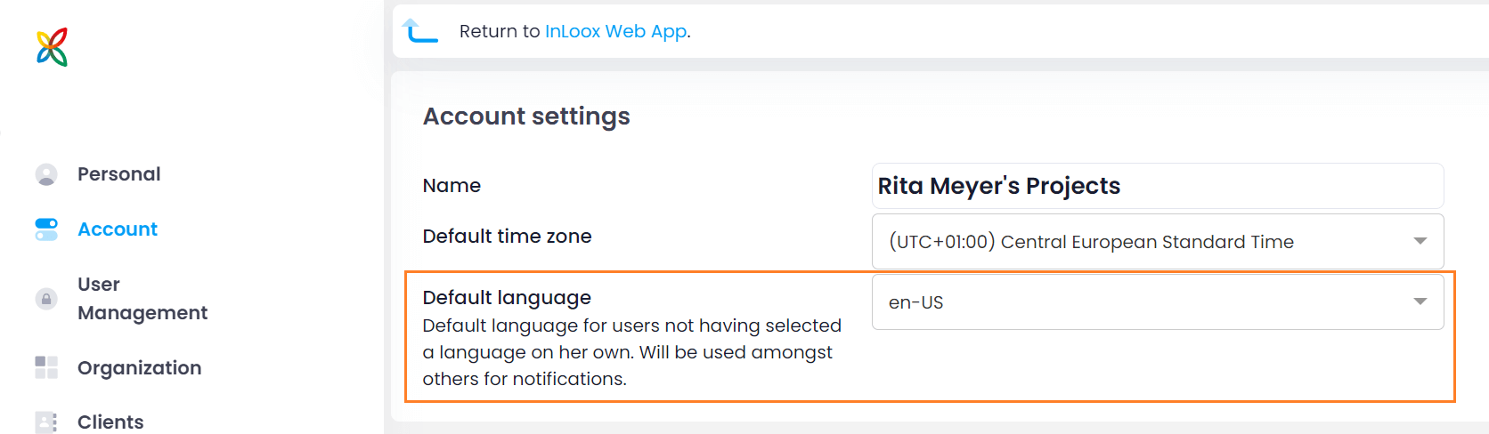 Define default language for entire account in InLoox settings