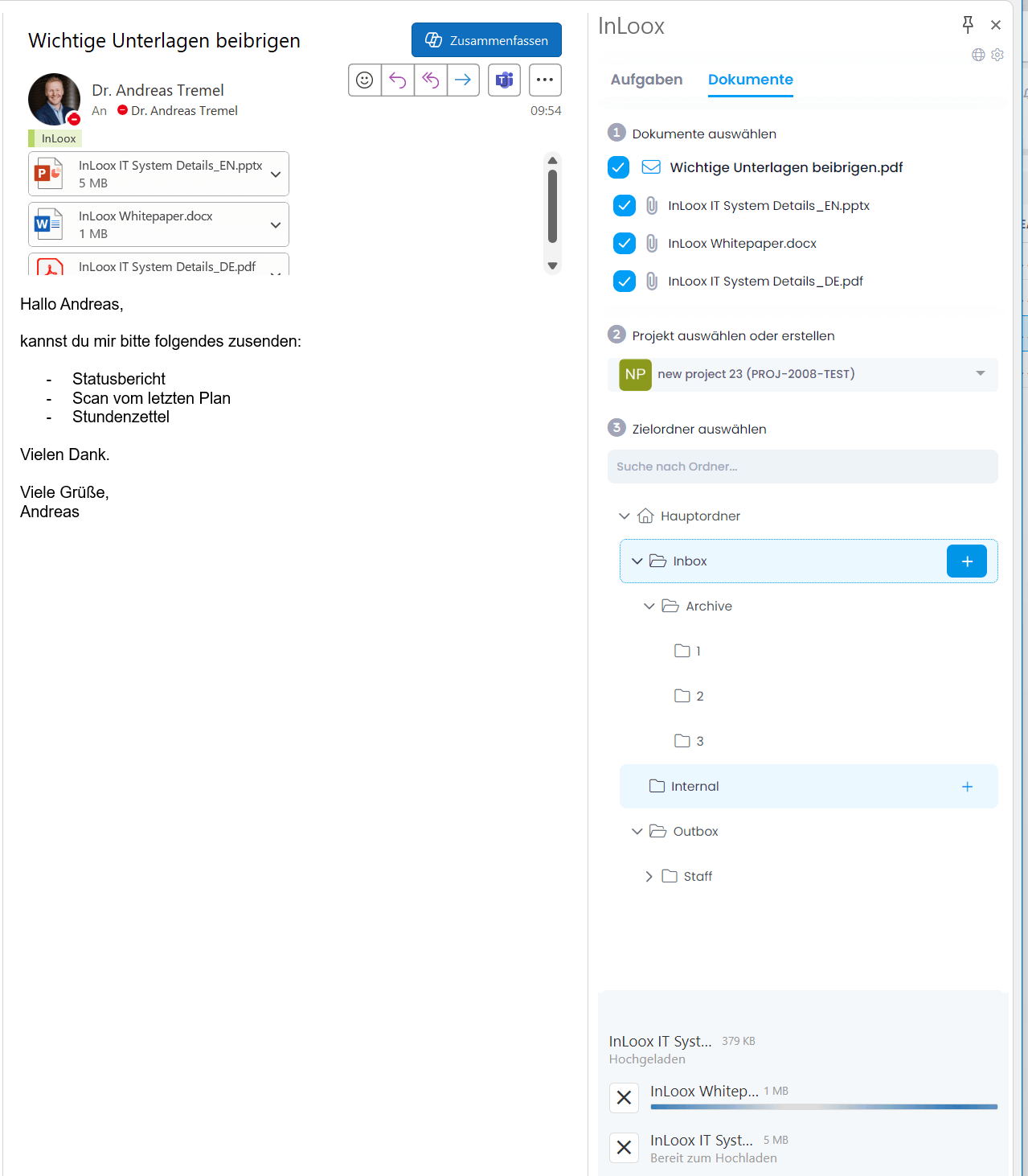 Dokumente im InLoox für Outlook Modern Add-in