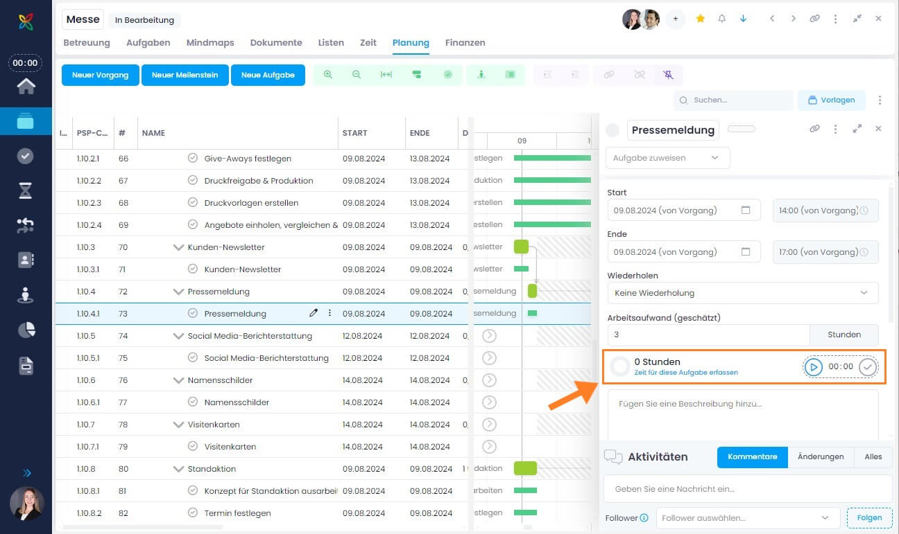 Zeiterfassung auf Aufgaben, ausgehend von der Gantt-Planung