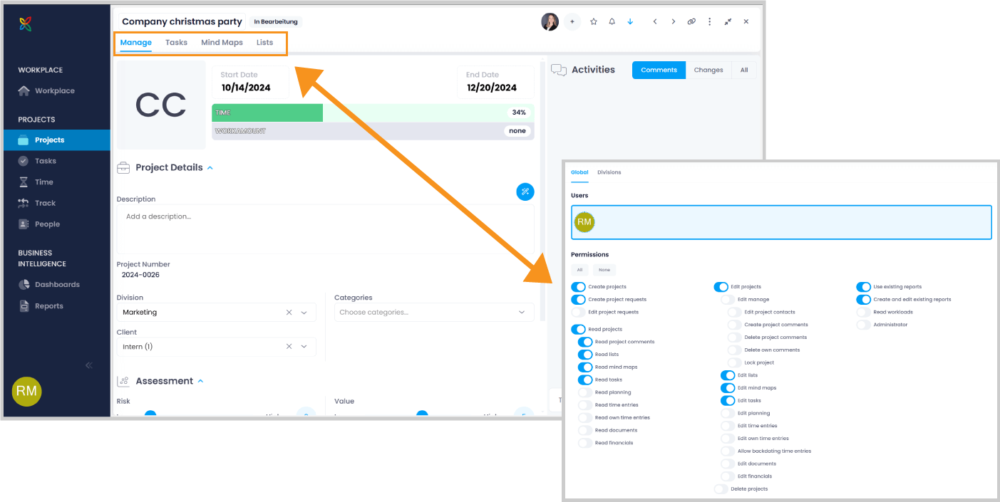 Display of InLoox areas only with respective permissions