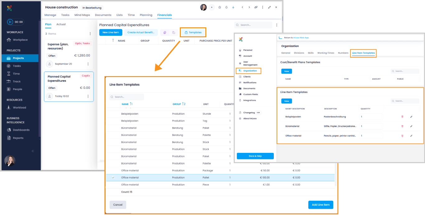 Budget line item templates in InLoox