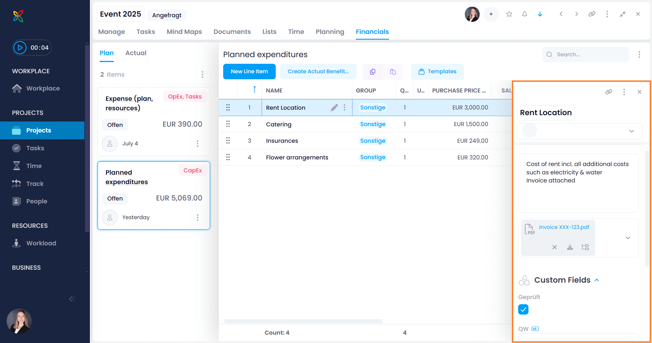 Side panel in financials - save documents & use custom fields