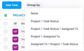 Standard grouping possibilities in the task list