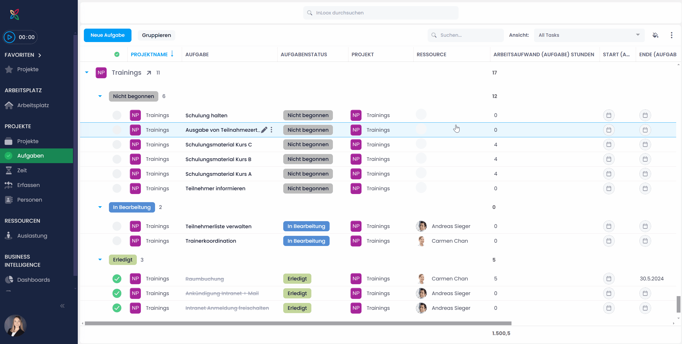 InLoox Aufgabenliste inline editieren