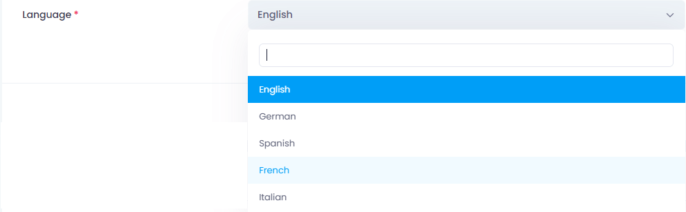 Selection of the language: German, English, Spanish, French and Italian