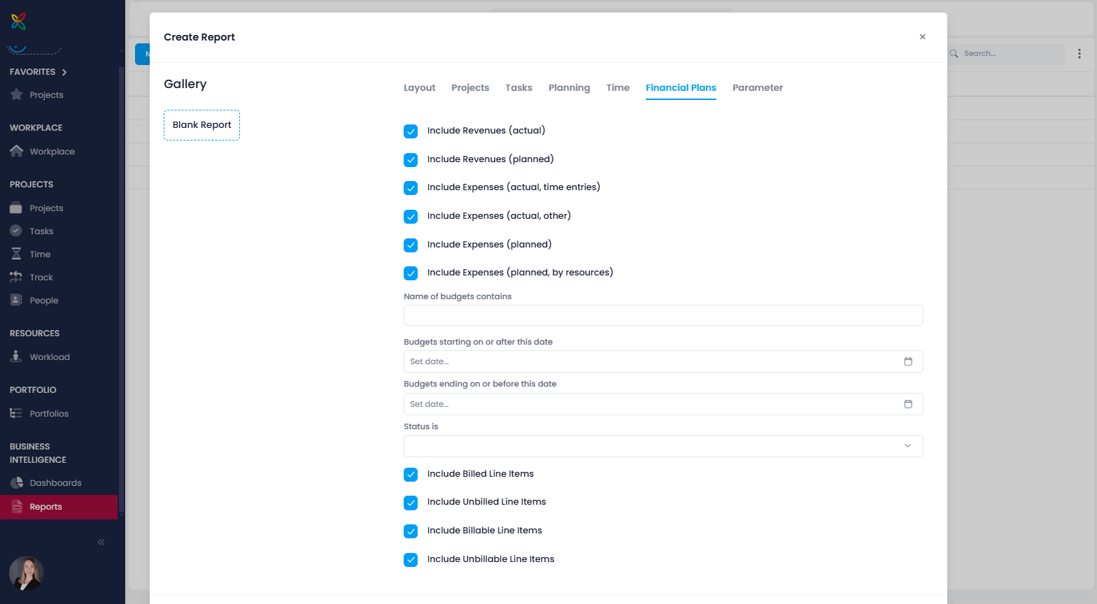 Reports: Filter options for financials