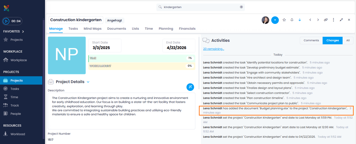 Uploaded document is visible in project changes history