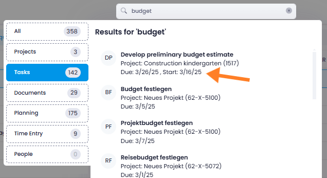 Global Search: Start and due dates in tasks