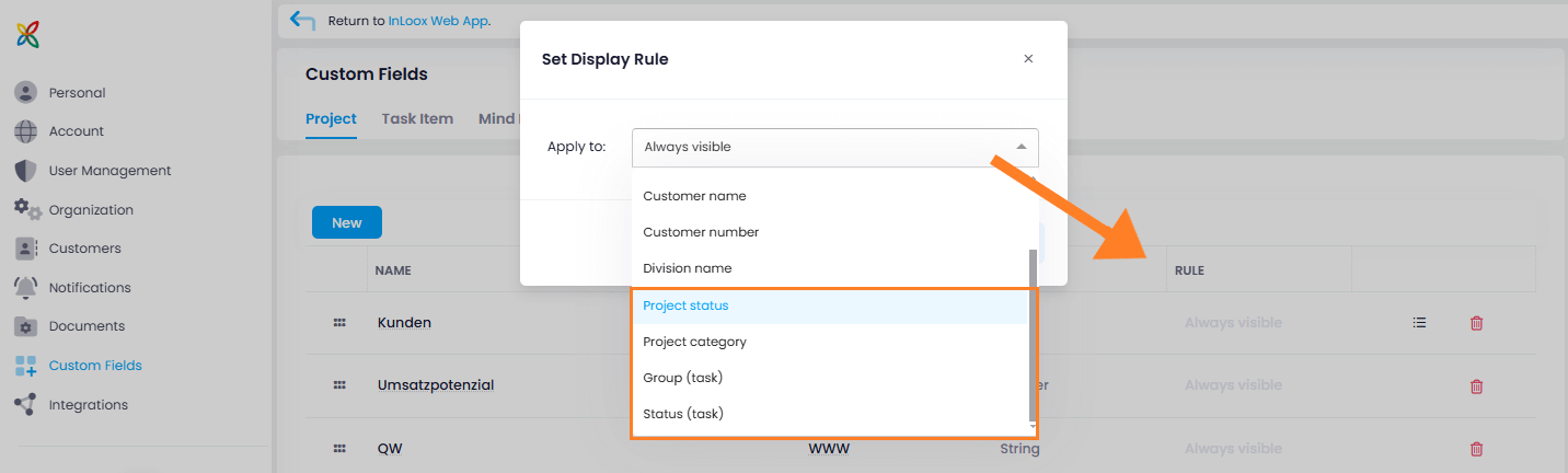 Additional display rules for custom fields